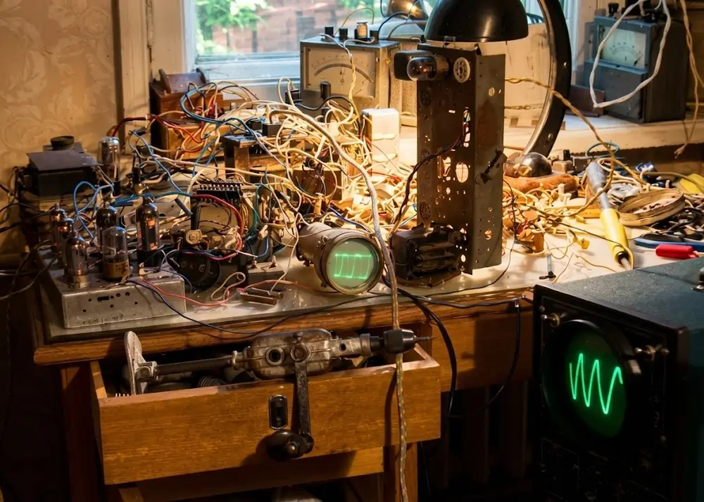 Cluttered vintage electronics bench with vacuum tubes and glowing oscilloscopes