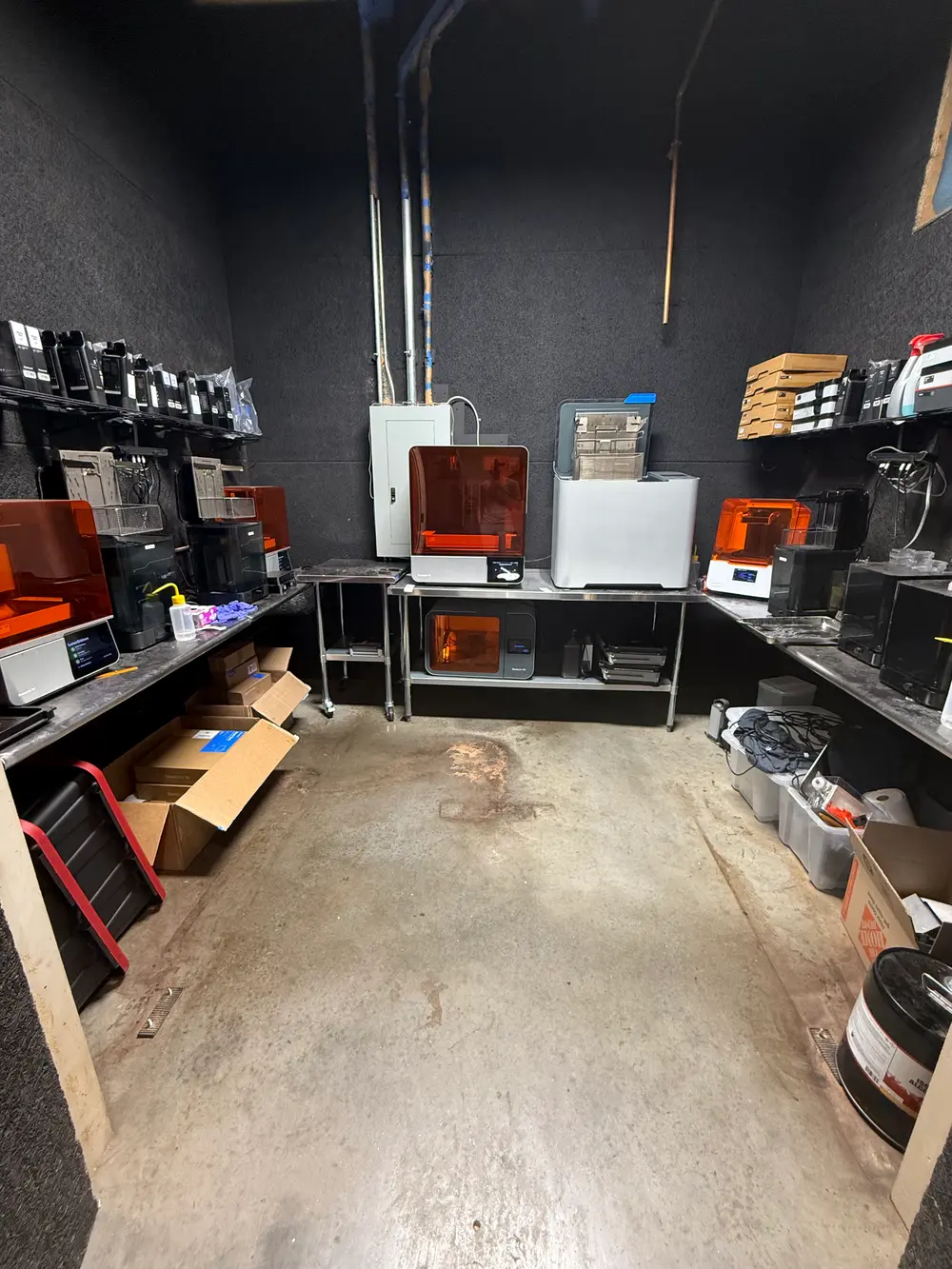 Room of resin 3D printers and wash stations